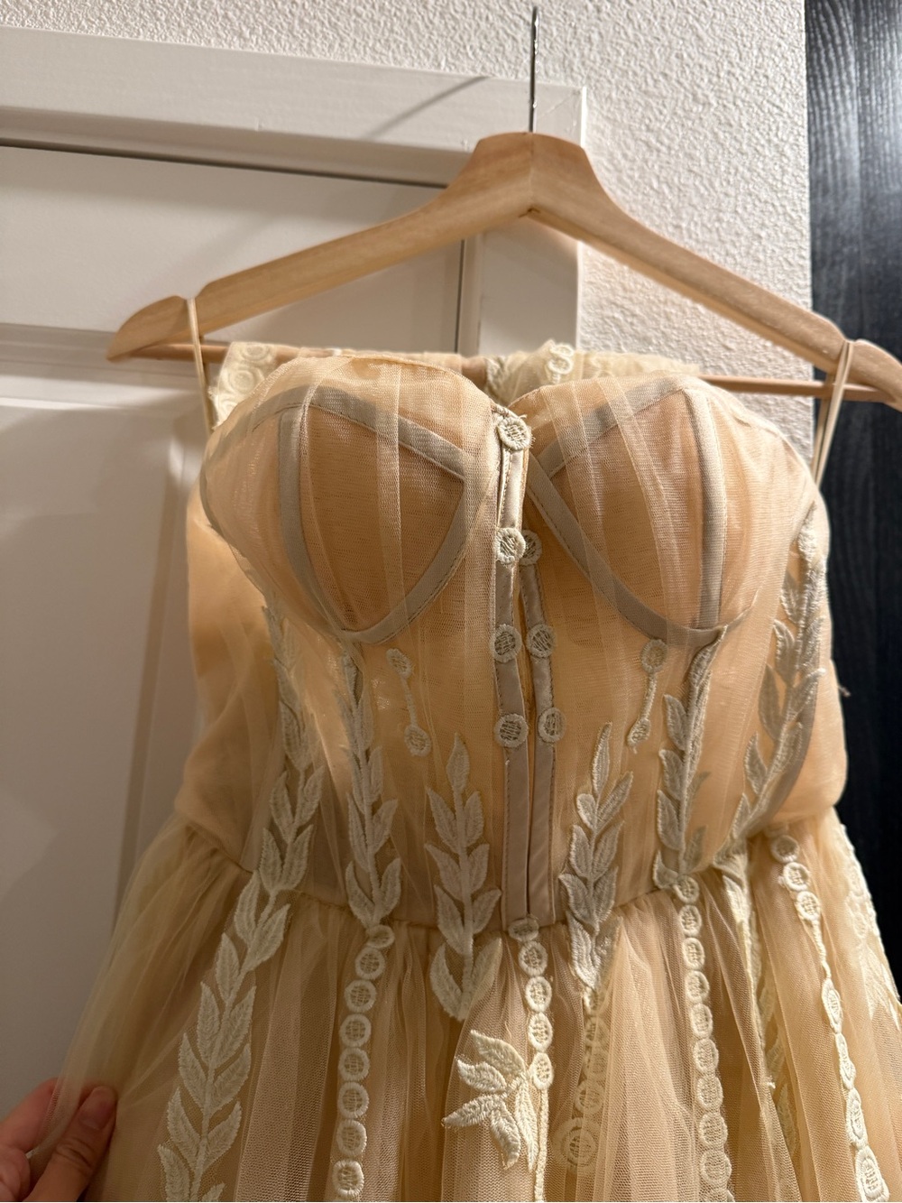 Strapless Lace Appliqué Tulle Gown in Champagne - Picture 3 of 7